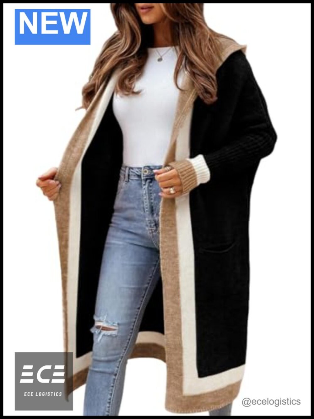 Women's Color Block Striped Hooded Knit Long Cardigan Oversized Open Front